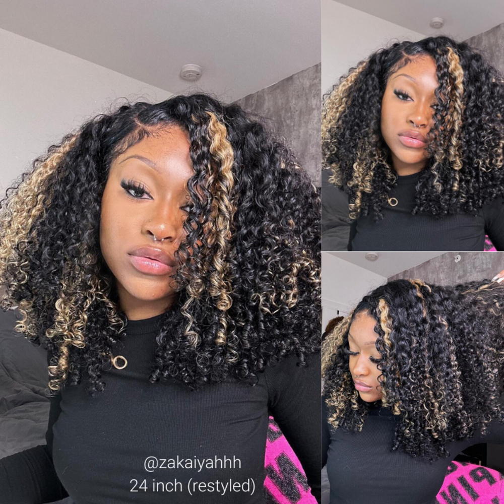 TianaHair Balayage Black and blonde Highlights 6x4 Lace Kinky Curly Glueless Wig.