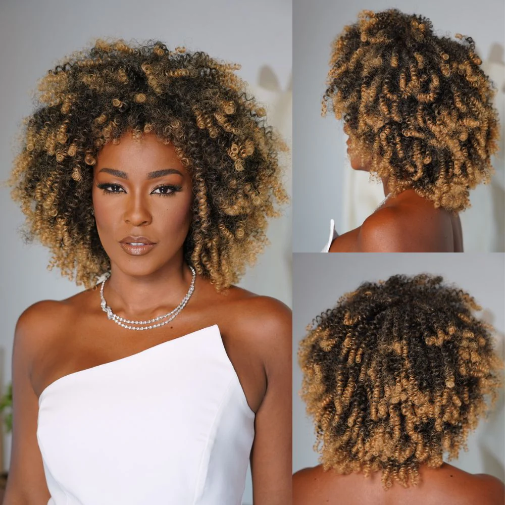 No Lace Put on & Go Honey Blonde Highlights Afro Kinky Coily Glueless Bob Wig With Bangs