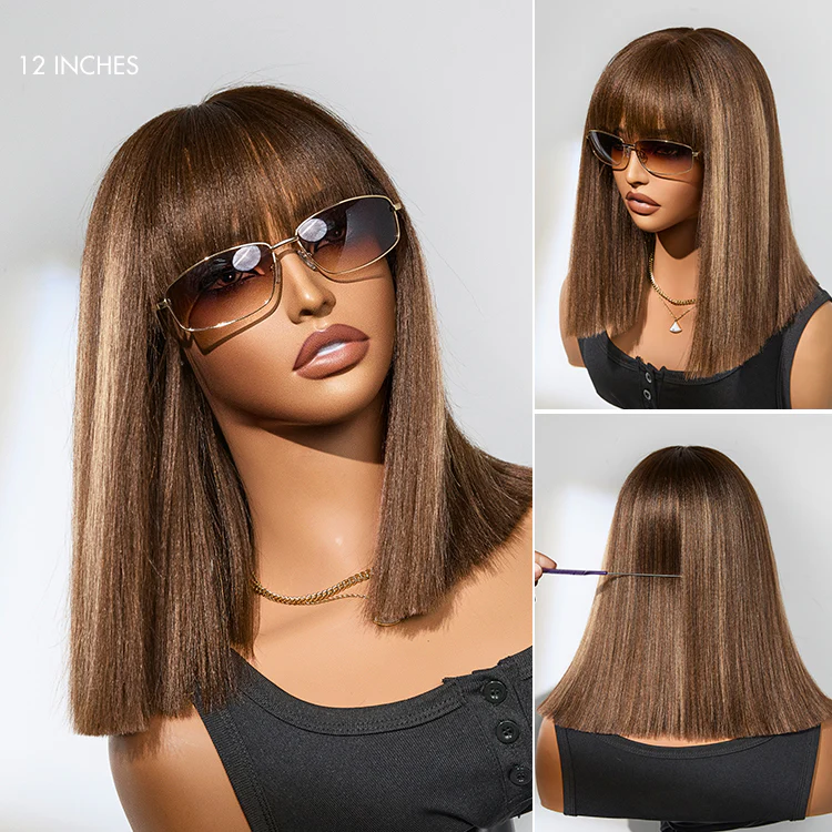 Ash Blonde Highlights Yaki Blunt Cut Bob Wig with Bangs Glueless No Lace Short Wig