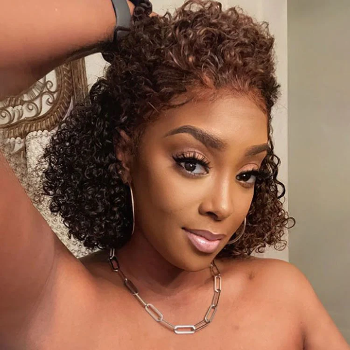 13x4 Frontal Lace Highlight Chocolate Brown Bob Curly Glueless Wig