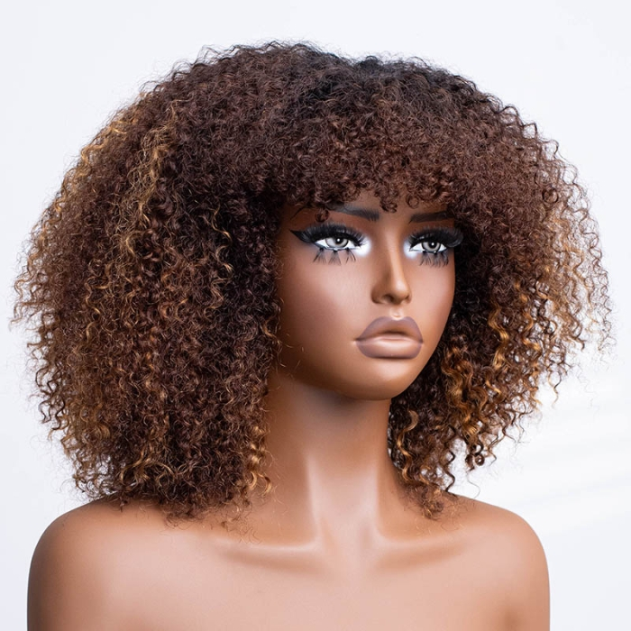 No Lace Toasted Chestnut Afro Curly Wig with Bangs Pre-Everything Wear Go Glueless Wig