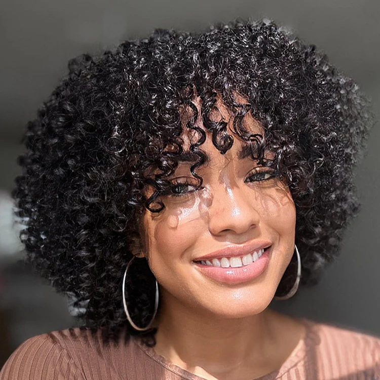 Shaggy Wolf Cut Throw On & Go Afro Curly Glueless Short Curly Wig with Bangs