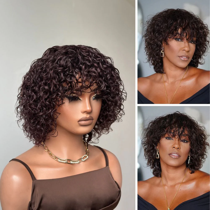 No Lace Put On & Go Dark Brown Curly Bob Wig With Bangs 100% Human Hair