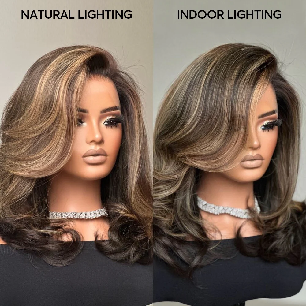 4x4/7x5 Lace Blonde Highlight With Dark Brown Layered Wavy Glueless Wig