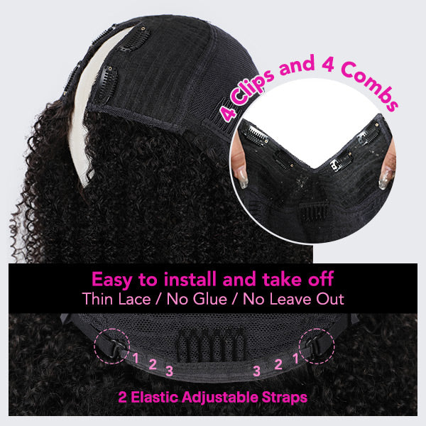 TianaHair V Part Natural Black Afro Curly Glueless Wigs 180% Density 100% Human Hair.