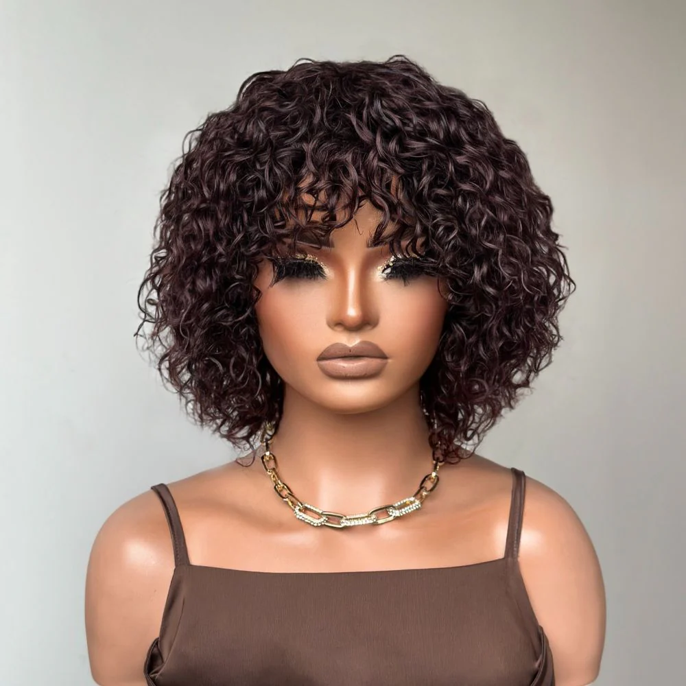 No Lace Put On & Go Dark Brown Curly Bob Wig With Bangs 100% Human Hair