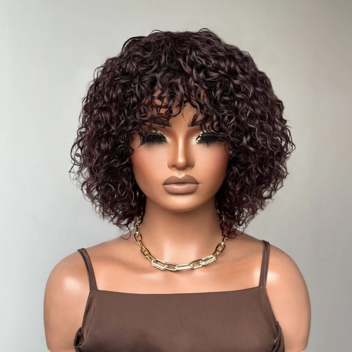 No Lace Put On & Go Dark Brown Curly Bob Wig With Bangs 100% Human Hair