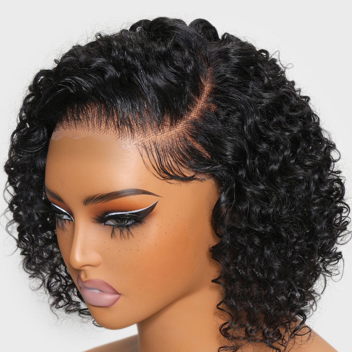 TianaHair Trendy Short Cut Curly 4x4 Closure Lace Put On And Go Glueless Left Side Part Wig 100% Human Hair.