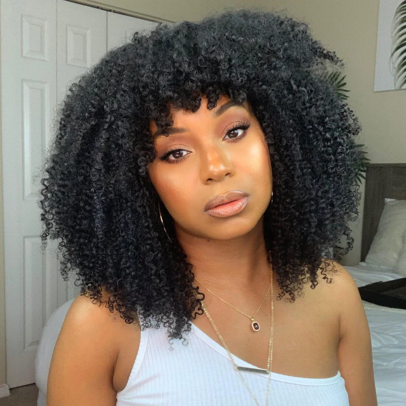 Bouncy Jerry Curl Throw On & Go Afro Curly Glueless Short Curly Wig with Bangs