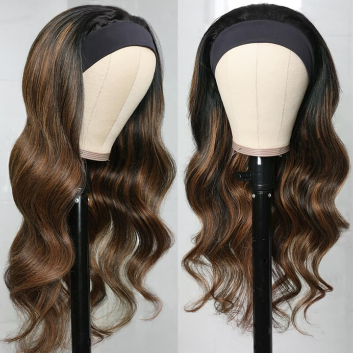 TianaHair Highlight Brown Body Wave No Lace Glueless Long Headband Wig 150% Density 100% Human Hair.