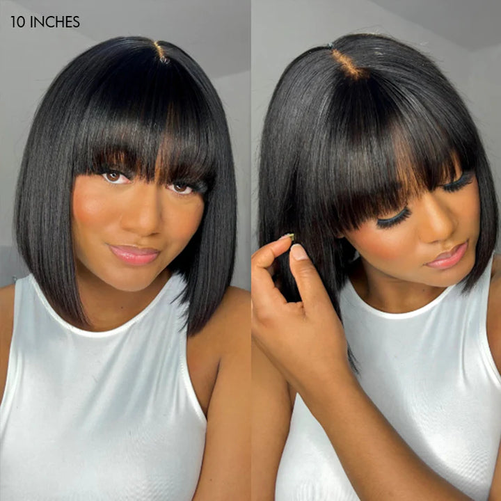 TianaHair Realistic Glueless Silky Straight Bob with Bangs No Lace Wig 150% Density 100% Human Hair.