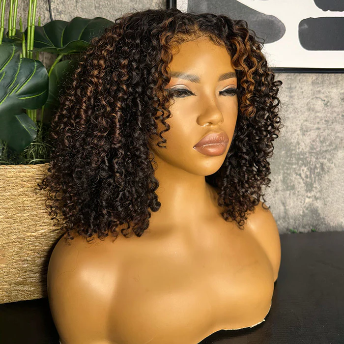 4x4/7x5 Lace Highlights Balayage Layer Cut 4C Edges Hairline Coily Curly Short Bob Glueless Wig Human Hair