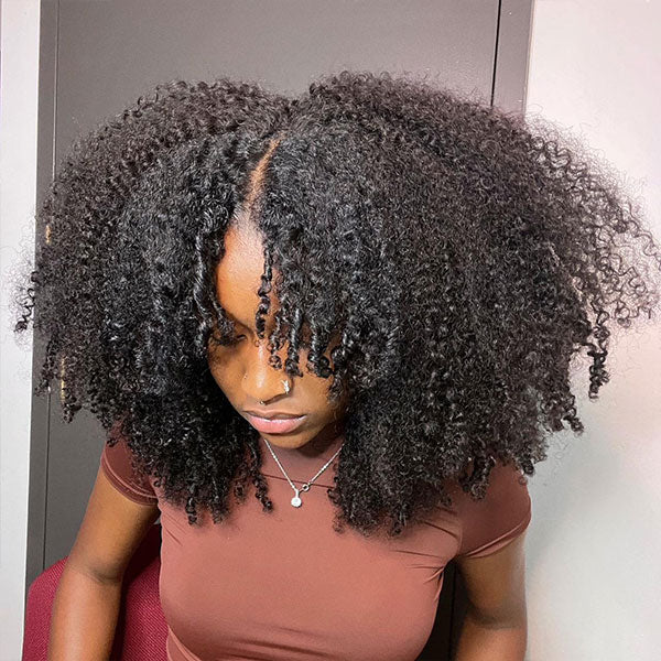 TianaHair V Part Kinky Curly Glueless Wigs Pre-plucked 100% Human Hair.