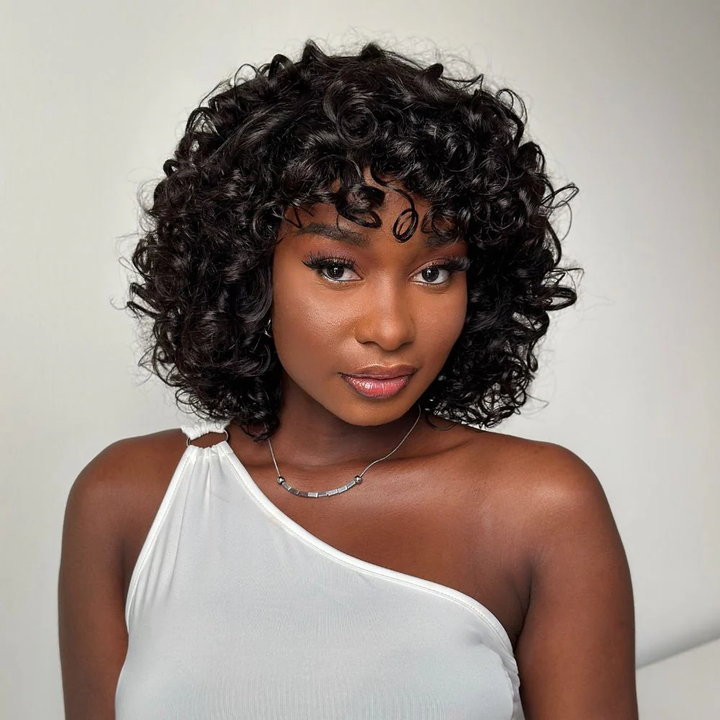 No Lace Brown Highlights/Natural Black Glueless Voluminous Curly bob Wig With Bangs Glueless Wig