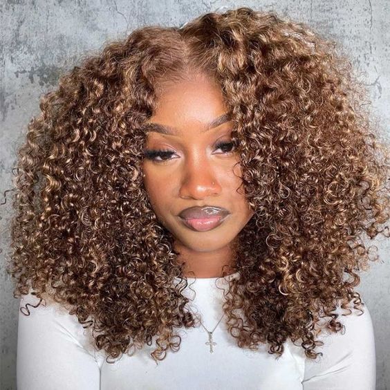 TianaHair Wear Go 6x4 Highlight Brown Wigs Kinky Curly Pre-plucked Glueless Lace Wigs.