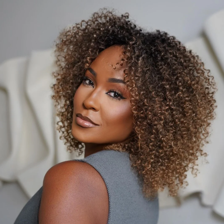 No Lace Put On & Go Honey Brûlée Curly Glueless Wig With Bangs