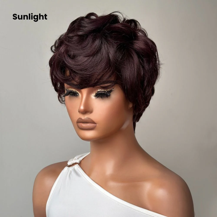 No Lace Put On & Go Dark Burgundy Pixie Cut Wig 100% Human Hair