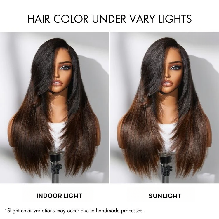 7x5 Lace Ombre Brown Layered Cut Yaki Straight Glueless Wig Human Hair Long Wig Pre-Cut Lace