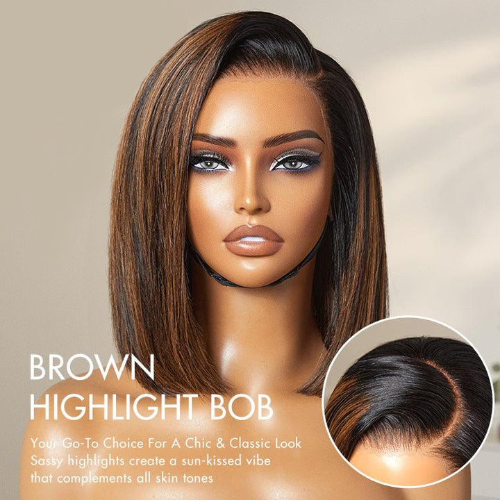 Natural Looking Brown Highlight Silky Blunt Cut Bob Glueless 6x4 Lace Wig