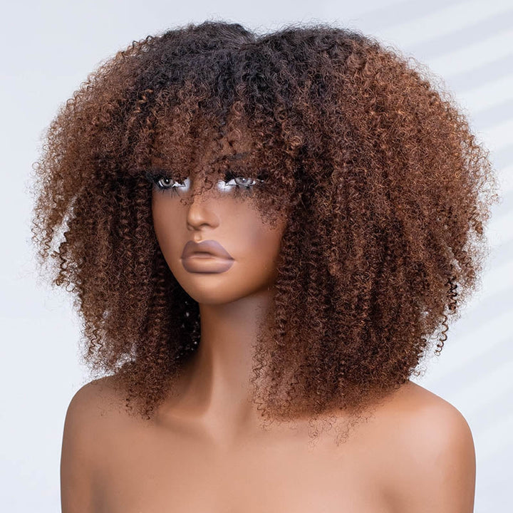 No Lace Ombre Chocolate Afro Curly Wig with Bangs Pre-Everything Wear Go Glueless Wig