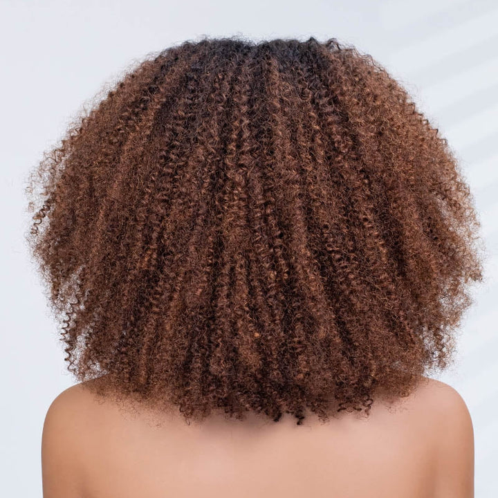 No Lace Ombre Chocolate Afro Curly Wig with Bangs Pre-Everything Wear Go Glueless Wig