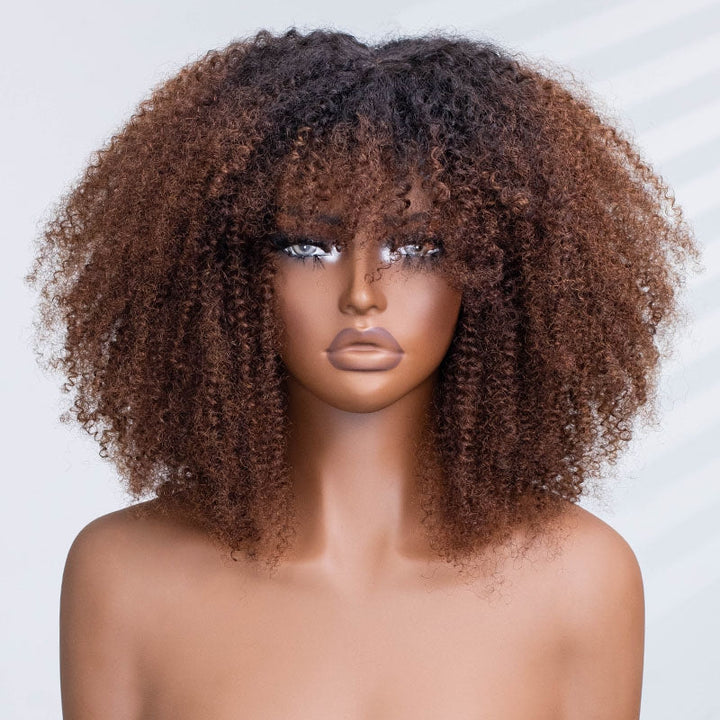 No Lace Ombre Chocolate Afro Curly Wig with Bangs Pre-Everything Wear Go Glueless Wig