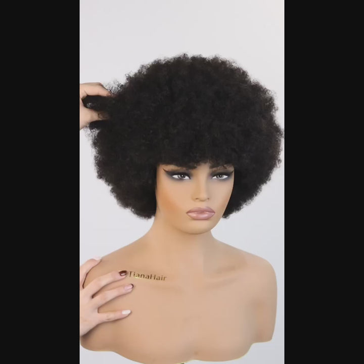 Afro Curly Bangs Wig Short Bob Fluffy Full Machine Made 100% Human Hair Wig