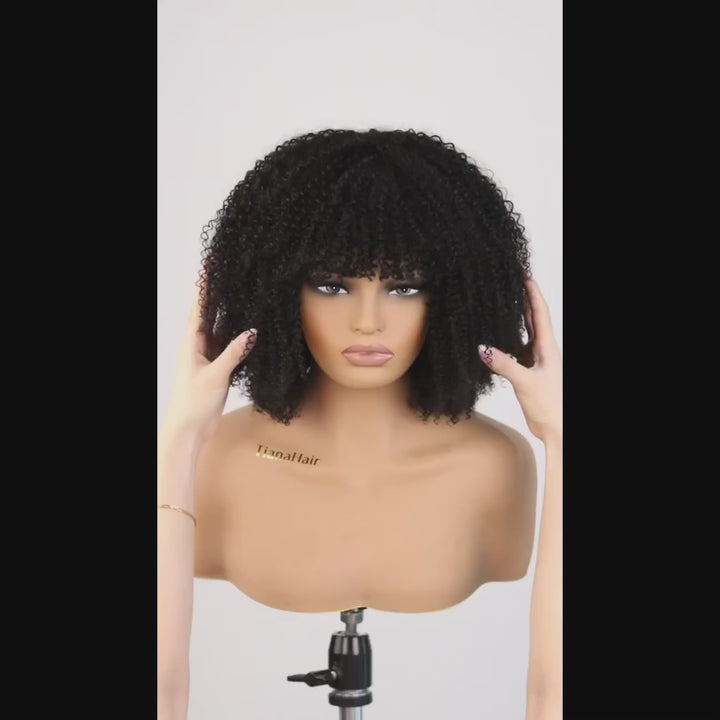 Bouncy Jerry Curl Throw On & Go Afro Curly Glueless Short Curly Wig with Bangs
