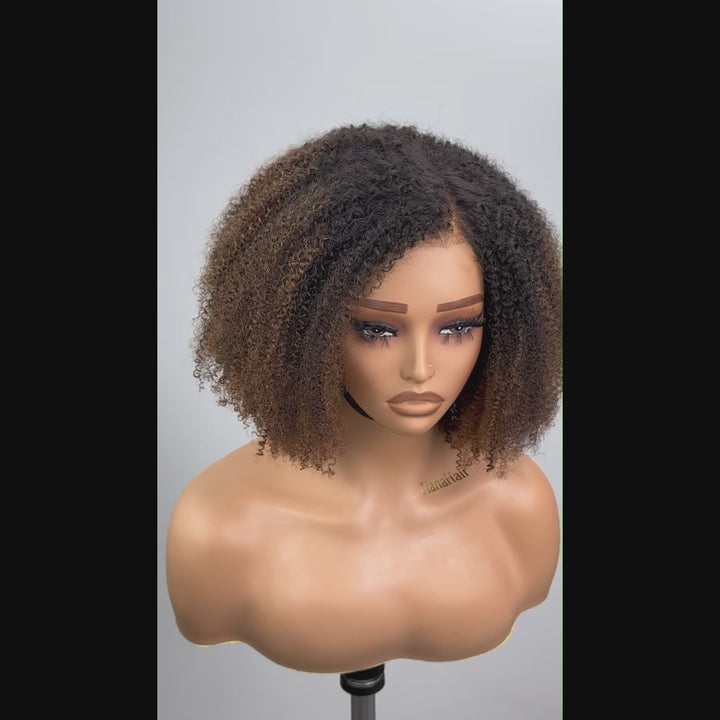 Afro Kinky Curly Ombre Coffee Highlights 6x4 Pre-Everyhthing & Transparent Lace Wear Go Glueless Wig