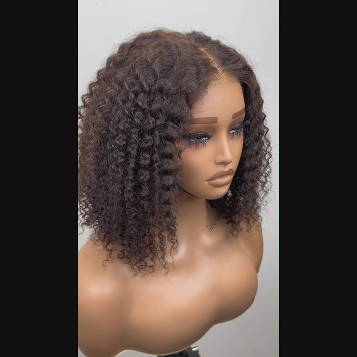 Dunkelbraune 7x5 vorgeschnittene Spitze, klebefrei, Kinky Curly Wear Go Perücke 