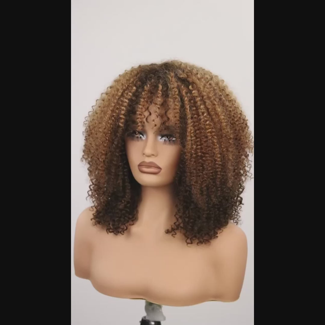 Afro Kinky Coily Sunlit Toffee Curly Wig with Bangs 350% Density