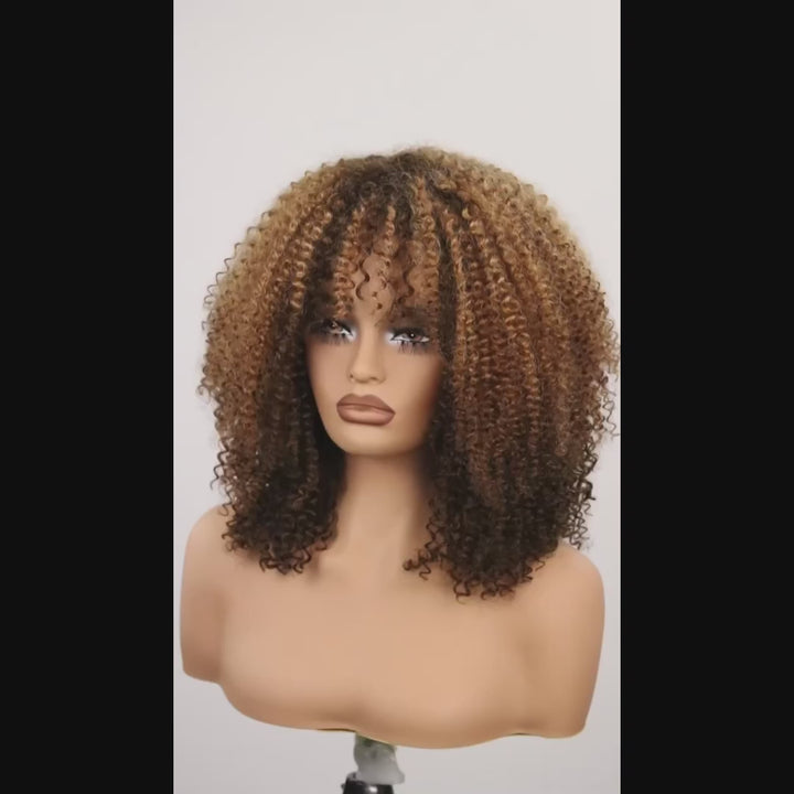 Afro Kinky Coily Sunlit Toffee Curly Wig with Bangs 350% Density